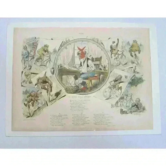 Art Print Bicycle Cartoon JS Pughe Hub Sprocket Puck Magazine Antique 1897 - Picture 1 of 12